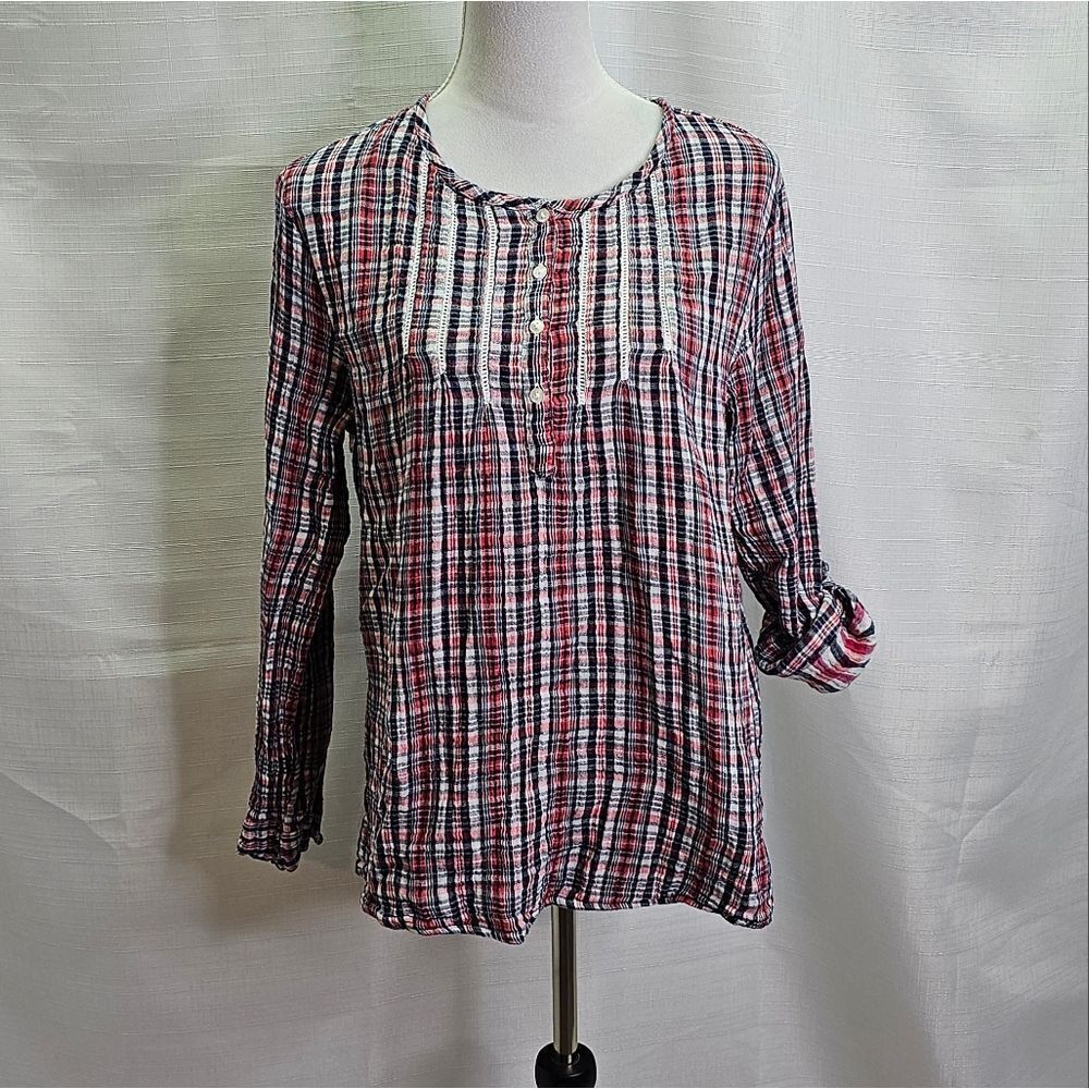 Serengeti Red and Blue Cotton Plaid Pullover Tunic Size Large